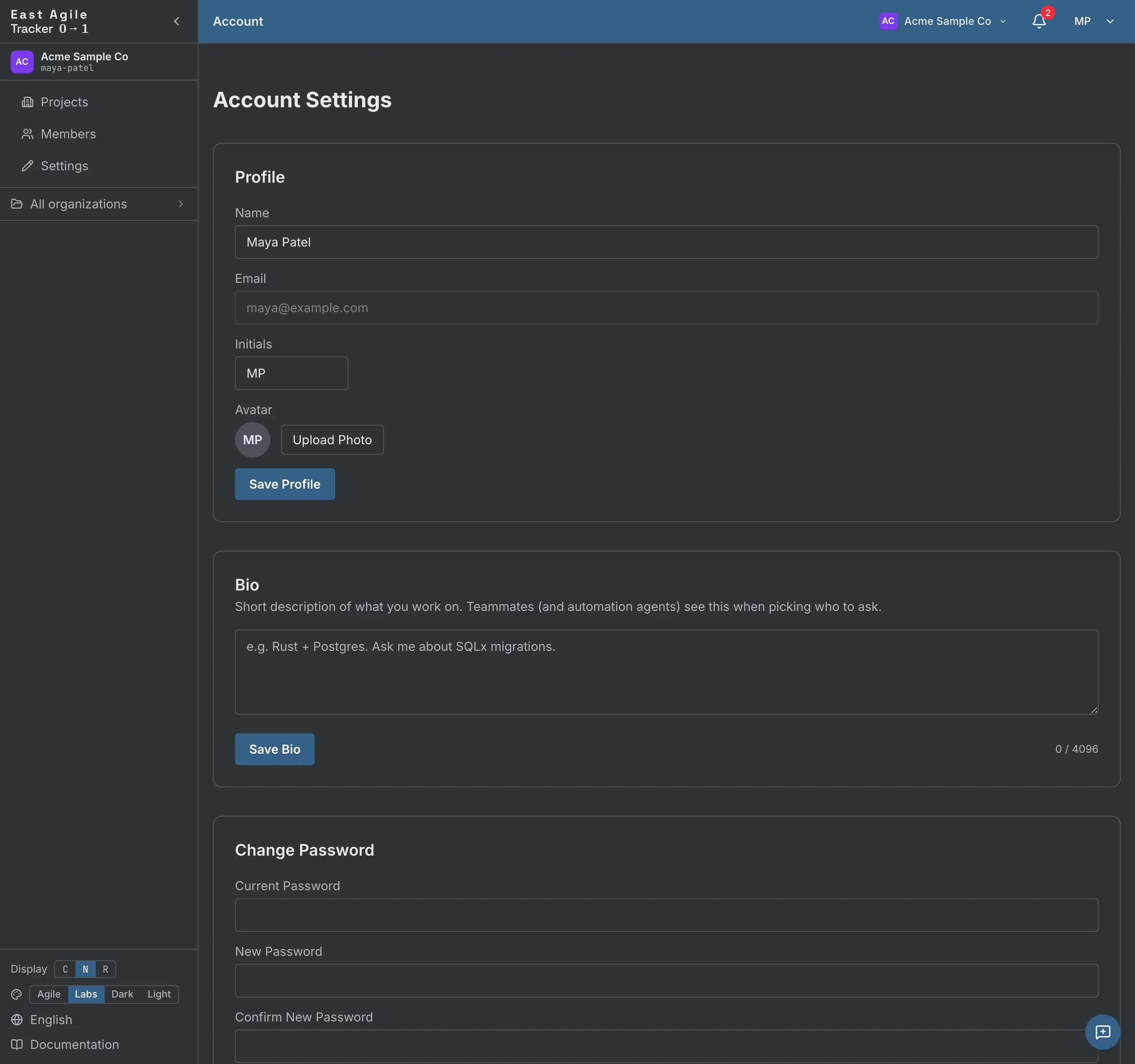 The Account settings tab strip, open on the Profile tab