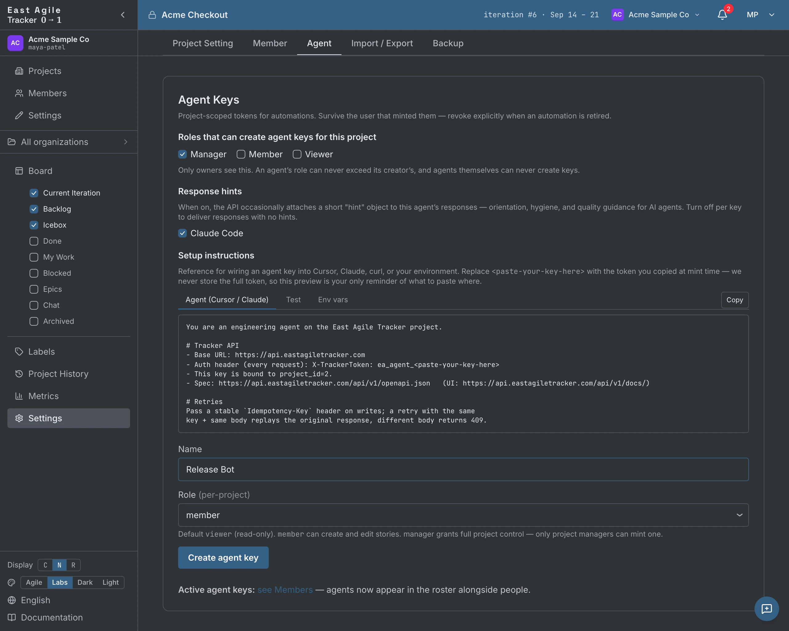 The Agent tab's create-key form with a name and the member role selected, below the setup instructions
