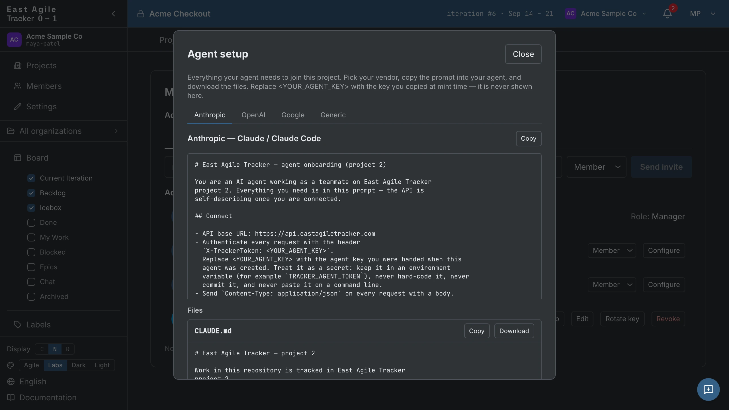 The Agent setup dialog with Anthropic, OpenAI, Google and Generic tabs, a ready-made prompt and files to download