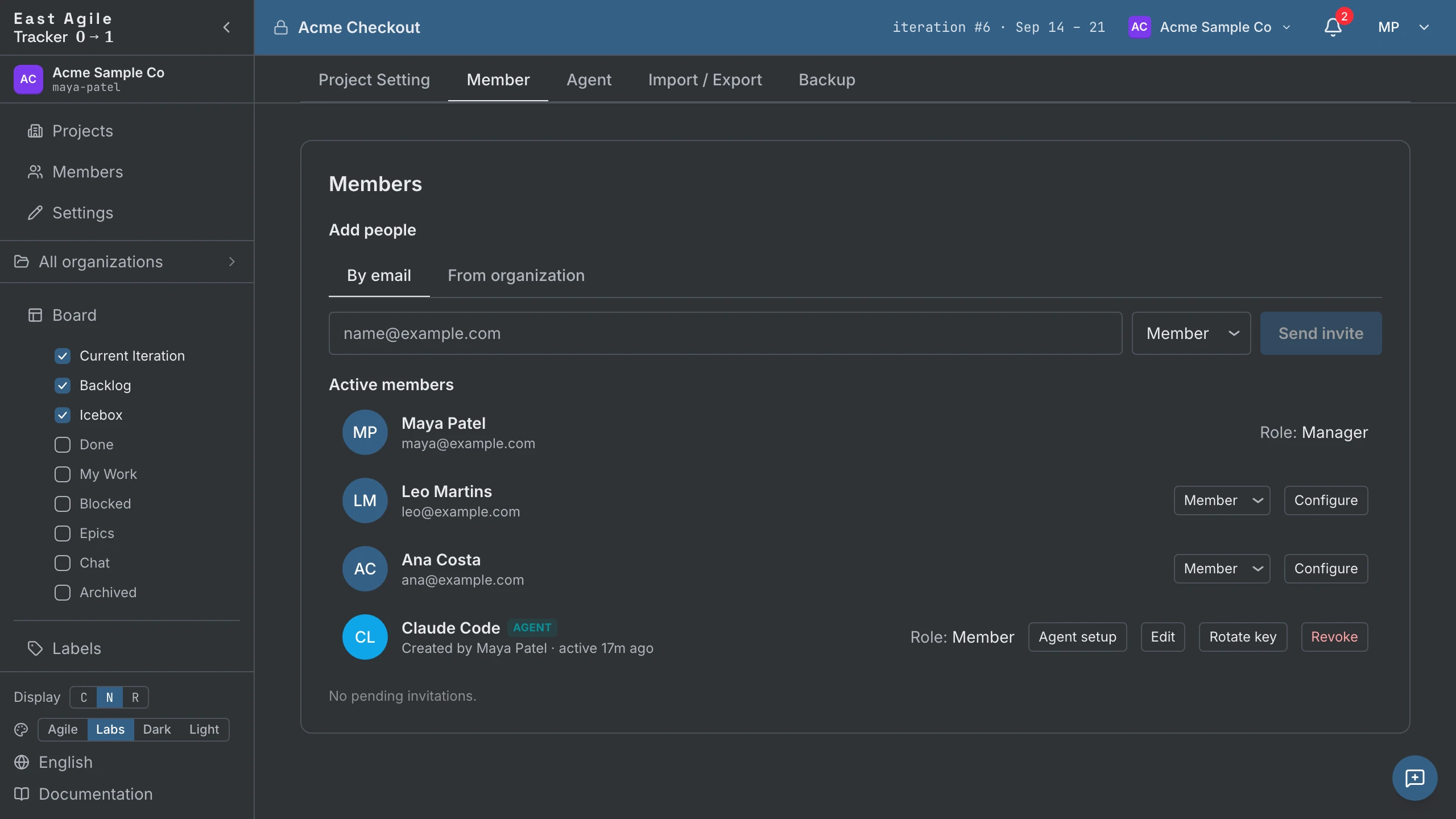 The Member tab roster with two agents listed beside the humans, each with Agent setup, Edit, Rotate key and Revoke