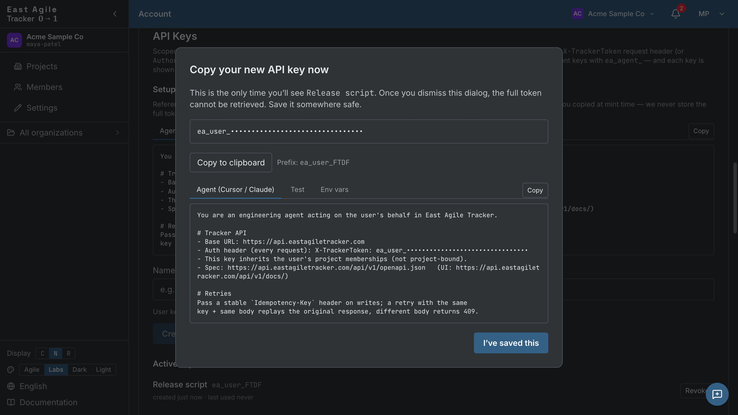The one-time dialog after creating a personal API key in Account Settings, with the key masked in this capture