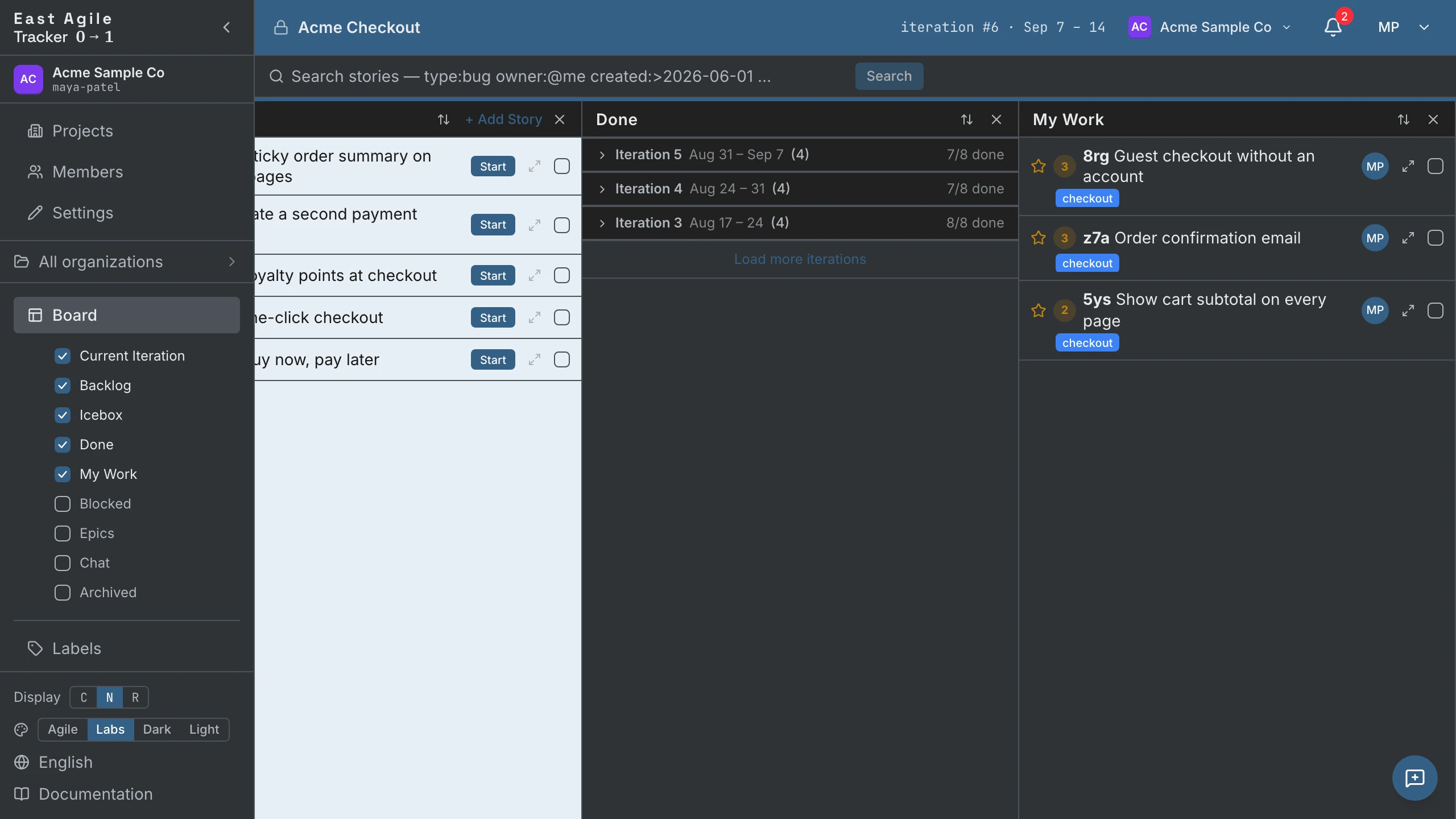 The sidebar Board checkboxes with Done and My Work ticked, and both columns open on the board