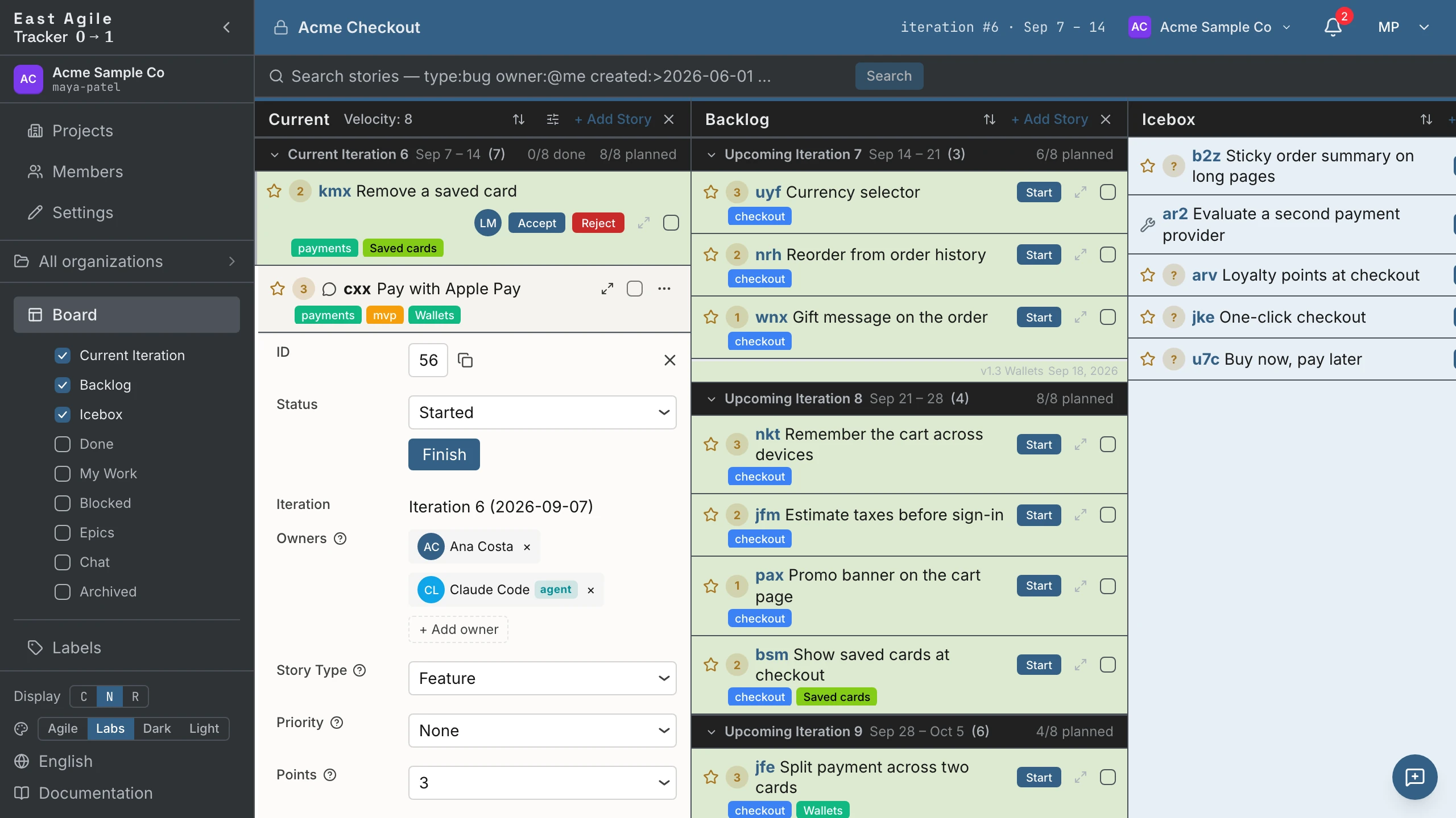 The Acme Checkout sample board with Current, Backlog and Icebox filled and one story expanded
