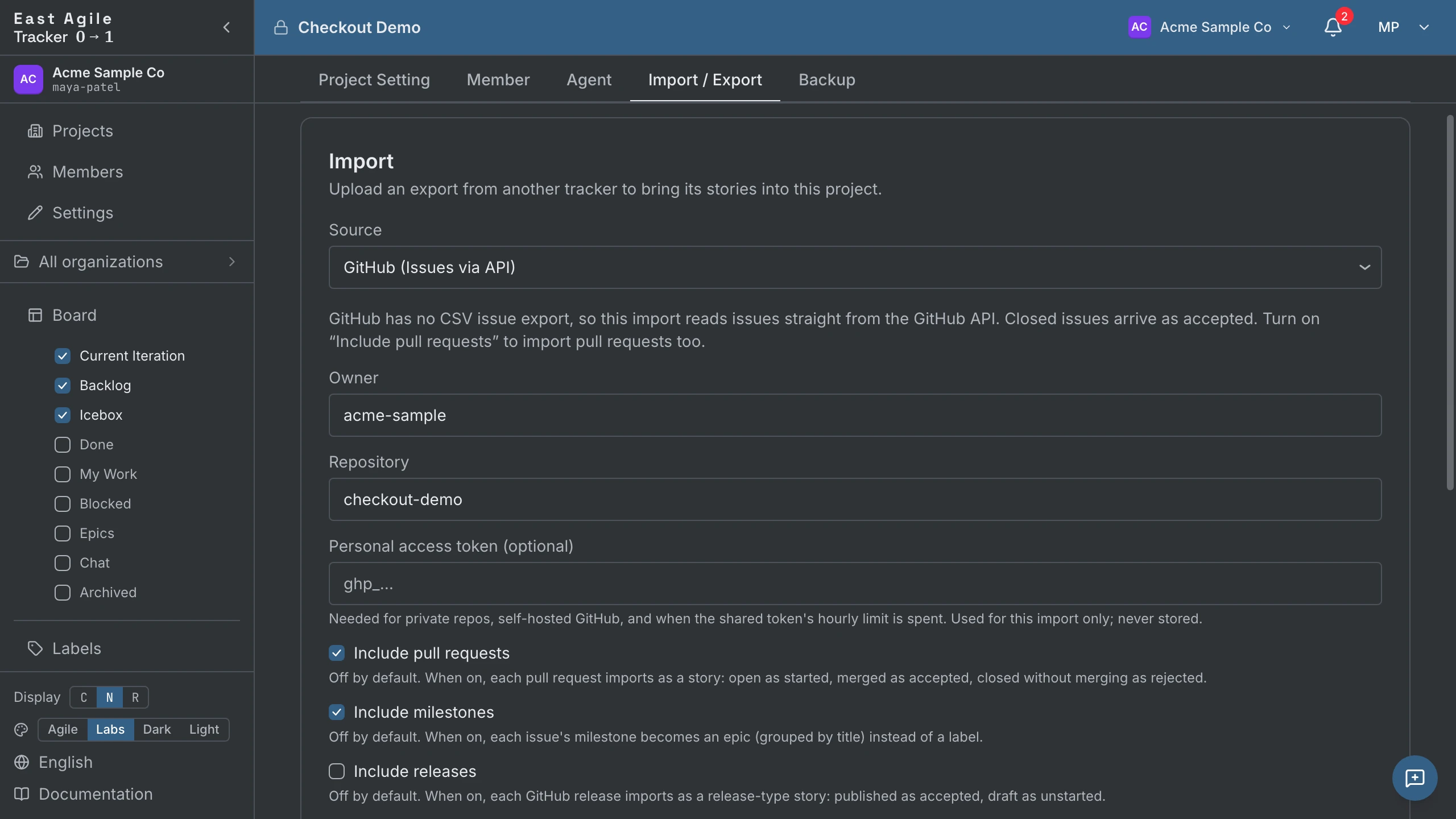 The GitHub source on the Import / Export tab: owner and repository filled in, the token left blank, pull requests and milestones ticked