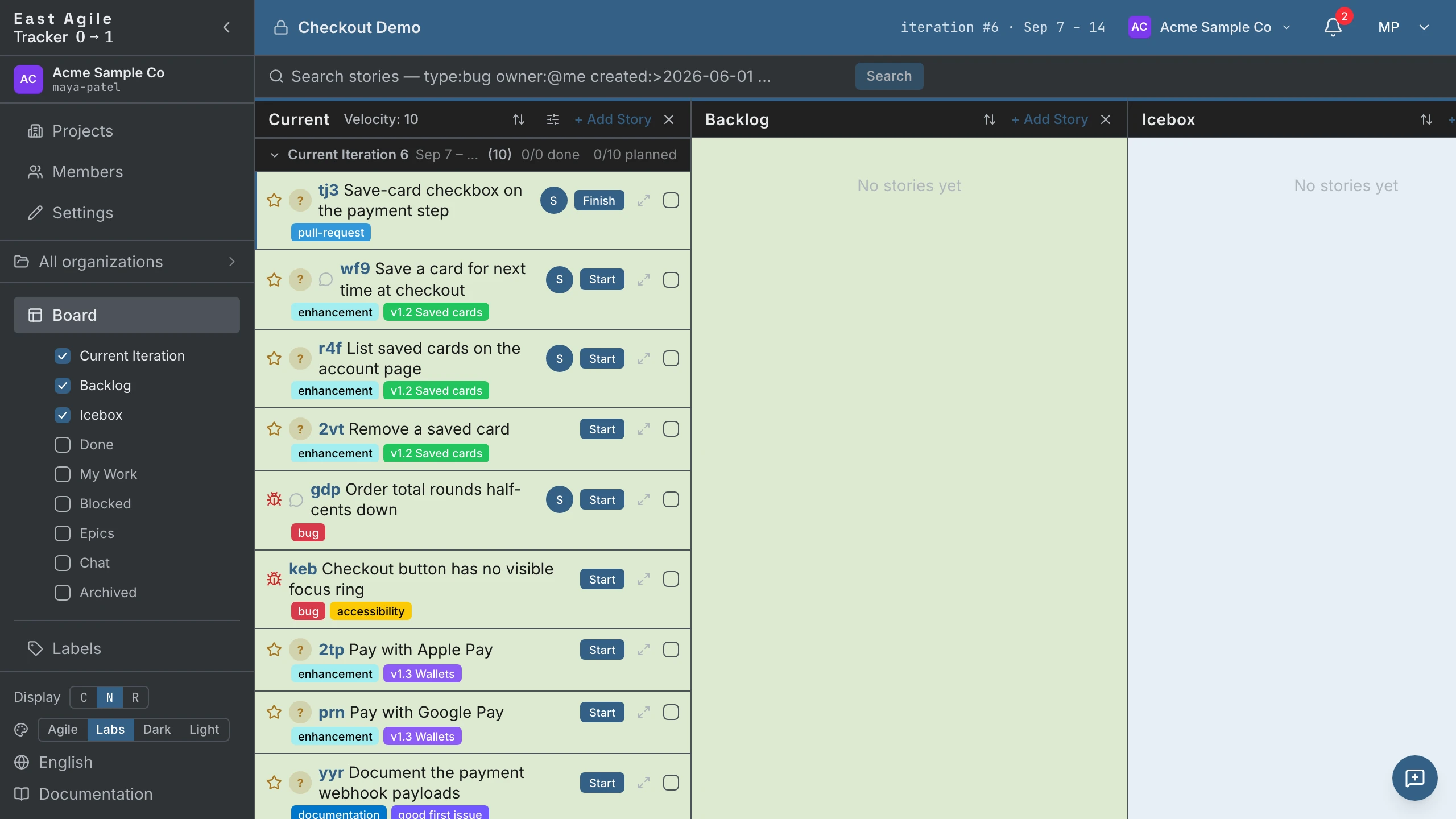 A project board right after importing the sample repository: issues as stories with their labels, milestones as epics and GitHub people as owners