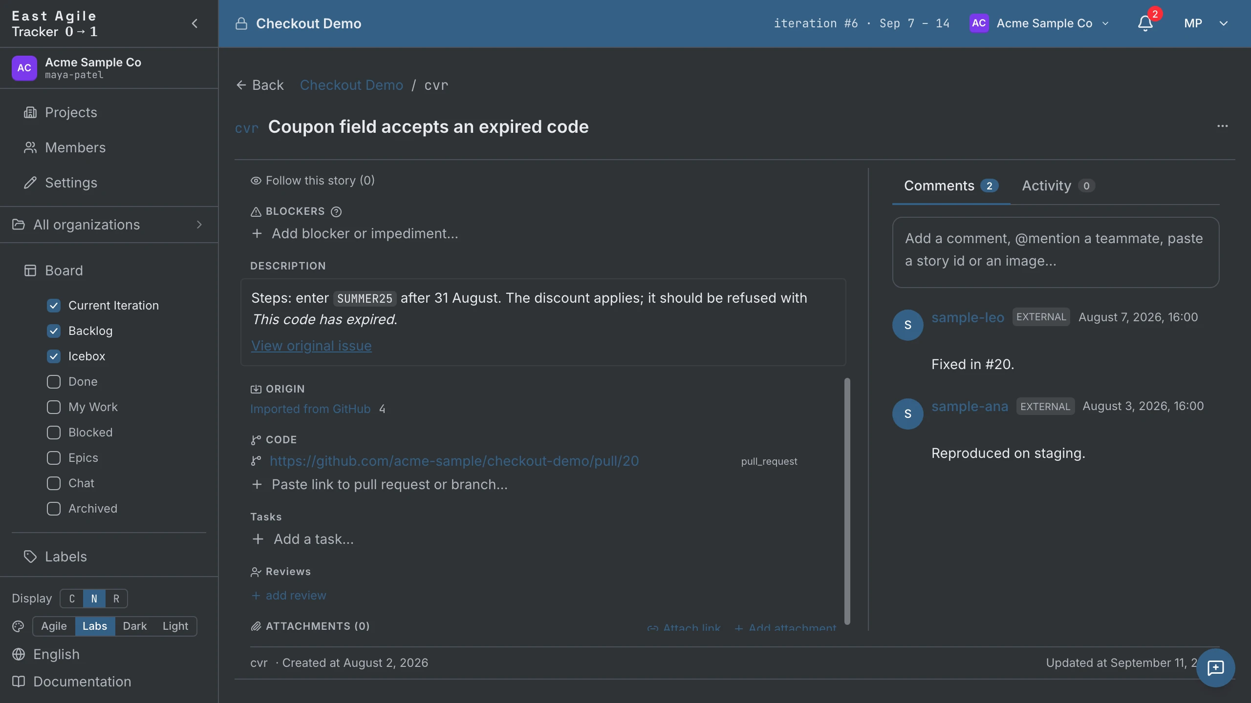 An imported closed issue whose CODE section links the pull request that fixed it, with the GitHub comments beside it