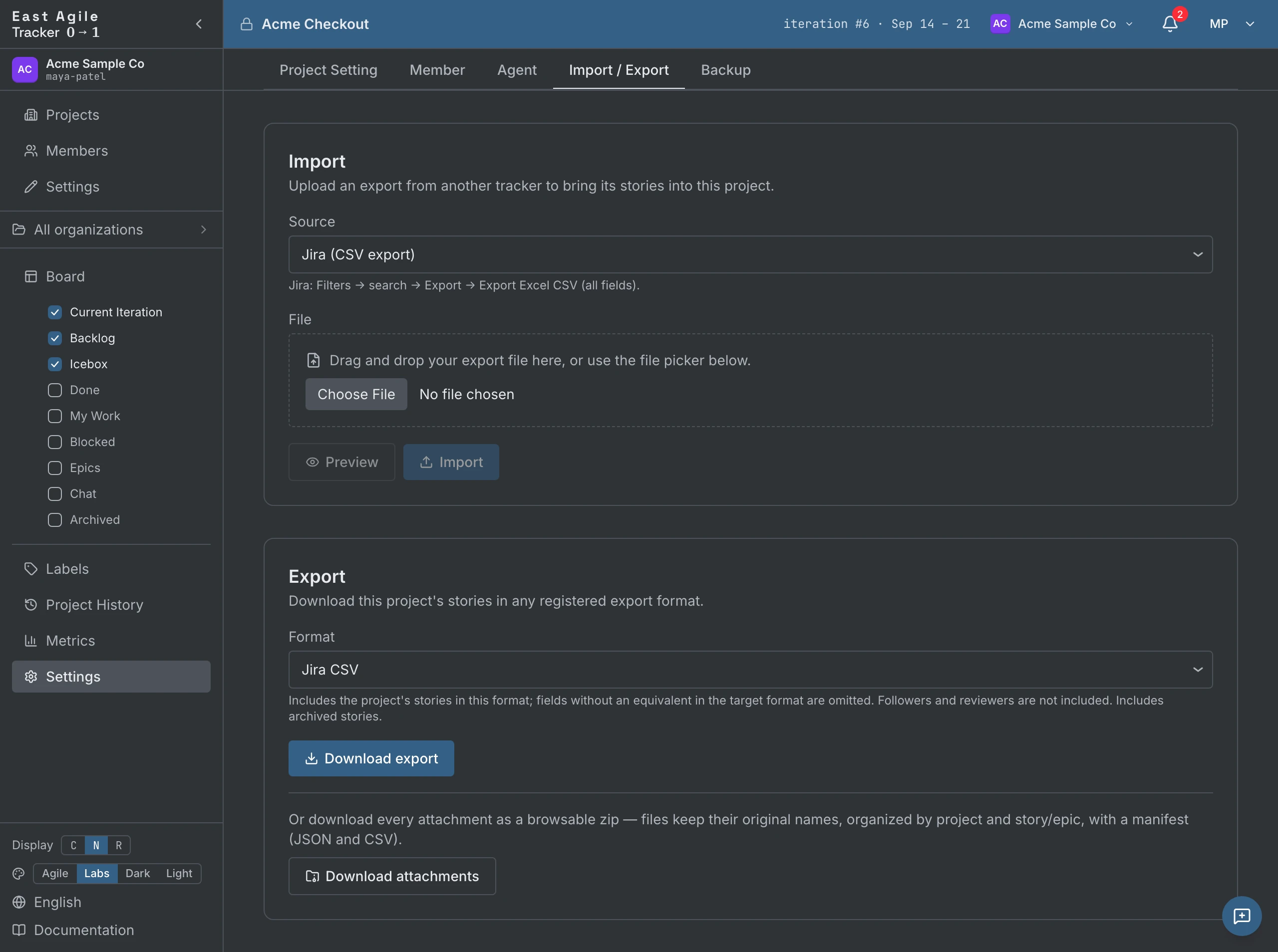 The Export section with the Jira CSV format chosen and its note on which fields the format drops