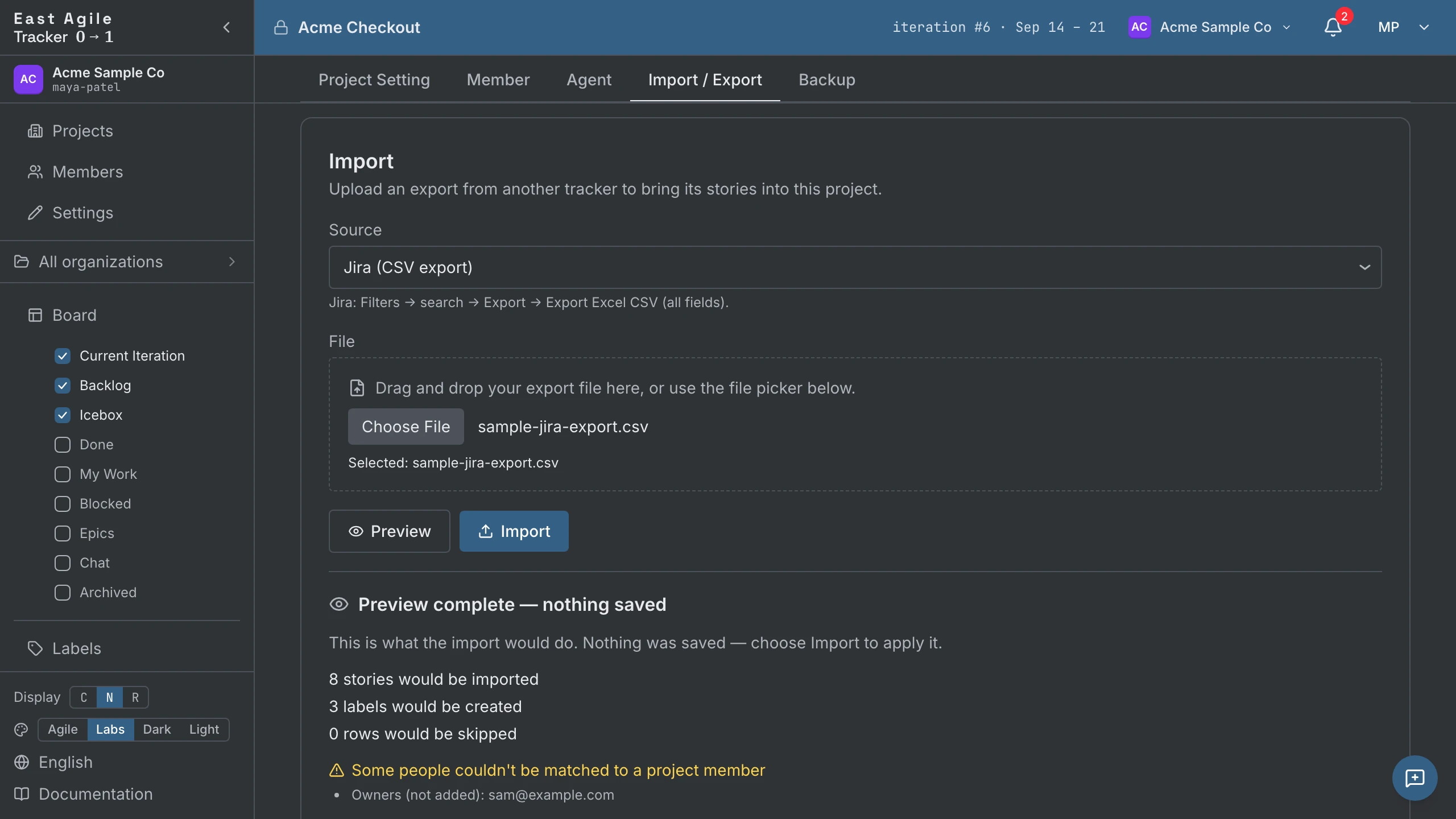 A preview report: 8 stories and 3 labels would be imported, no rows skipped, and one person who could not be matched