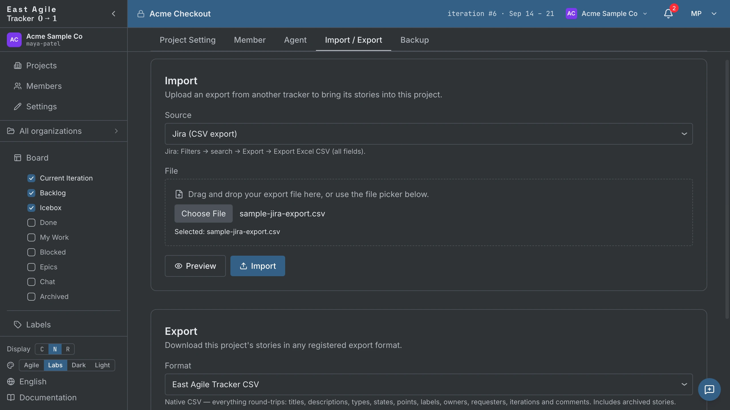 The Import / Export tab with Jira chosen as the source and an export file selected, ready to preview or import