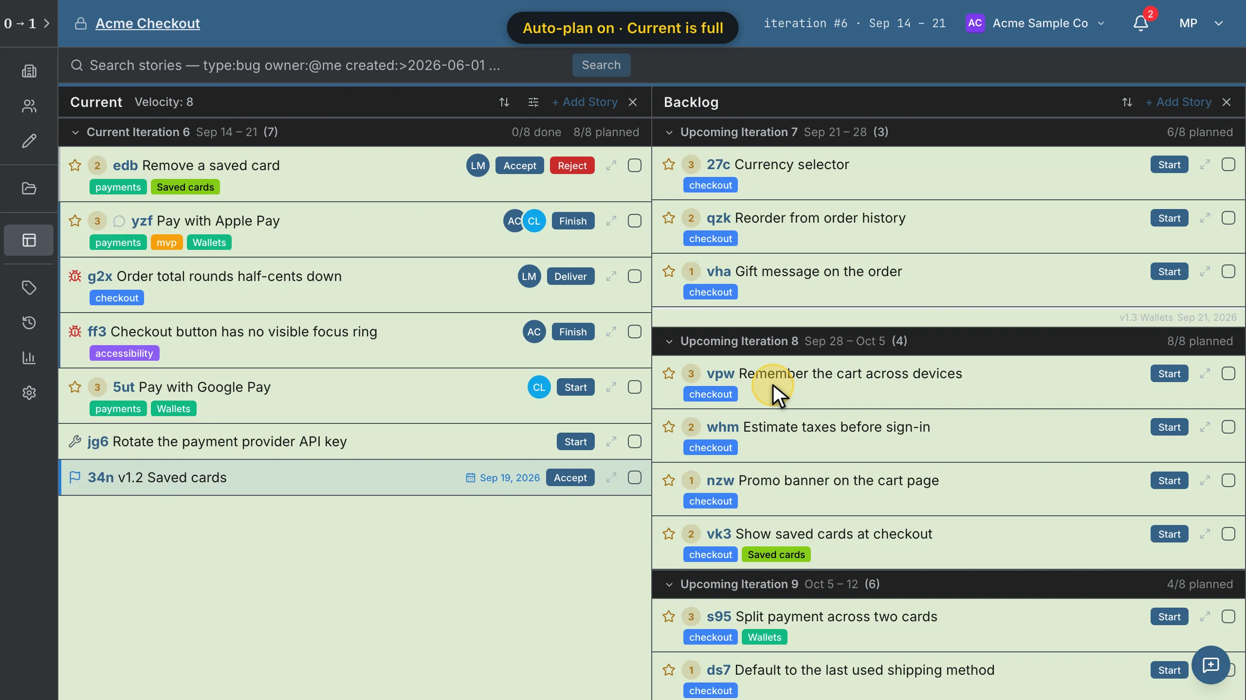 Auto-plan on: dragging a Backlog story into a full Current moves the lowest story to the top of the Backlog, so Current stays within velocity