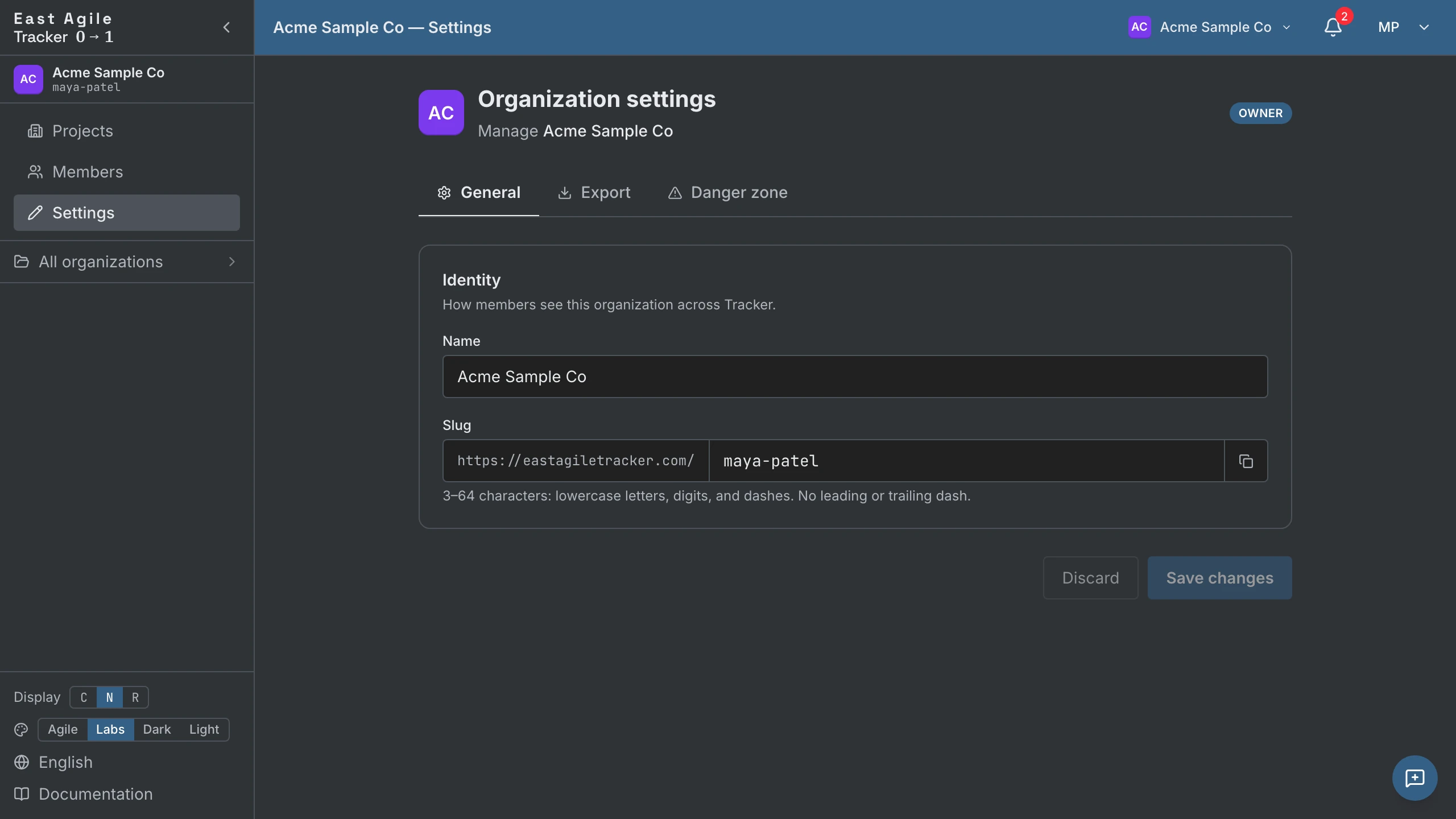 Organization settings with the General, Export and Danger zone tabs and the admin pages in the sidebar