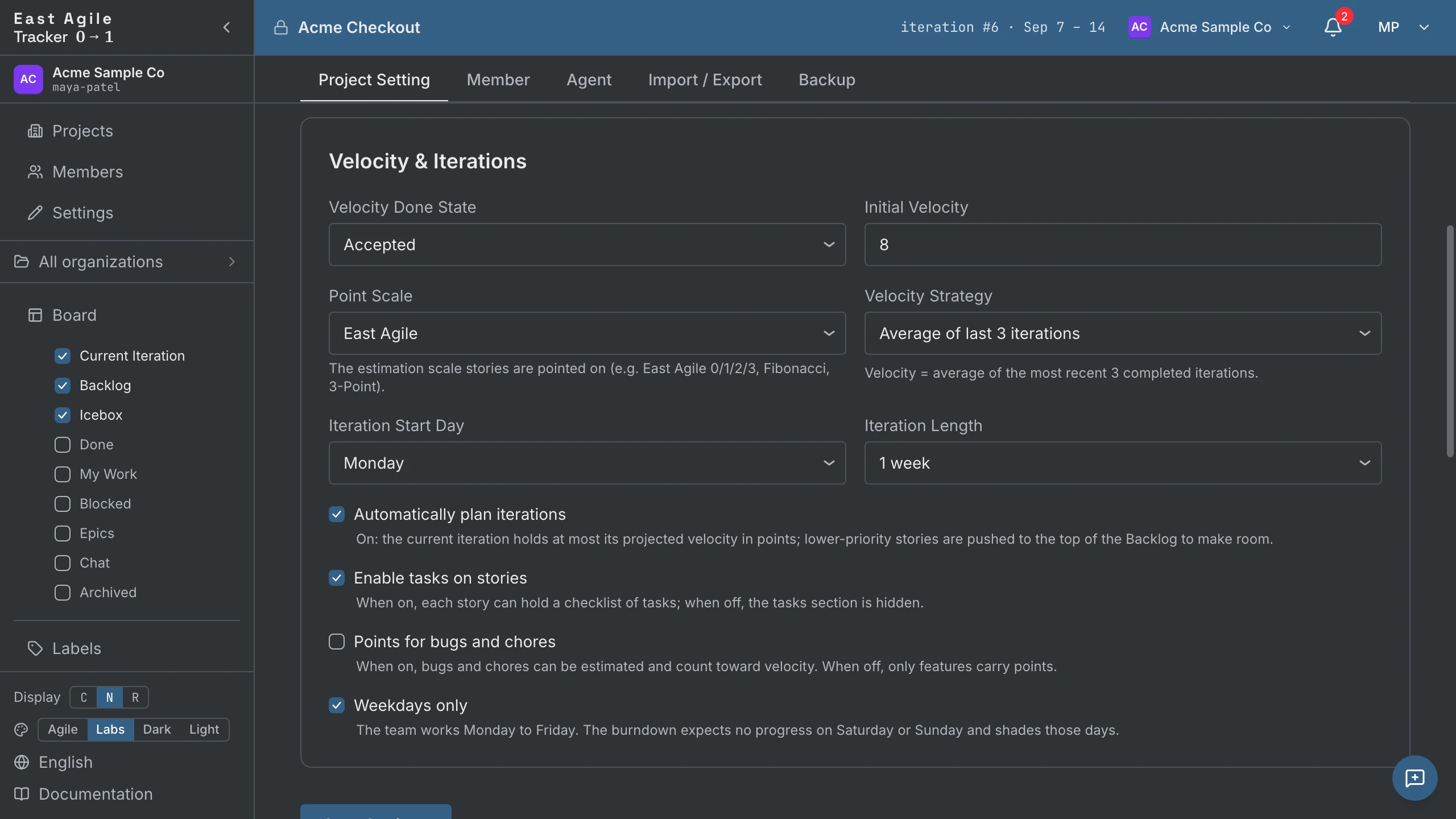 The Project tab's Velocity & Iterations block: done state, velocity strategy, auto-plan and points for bugs and chores