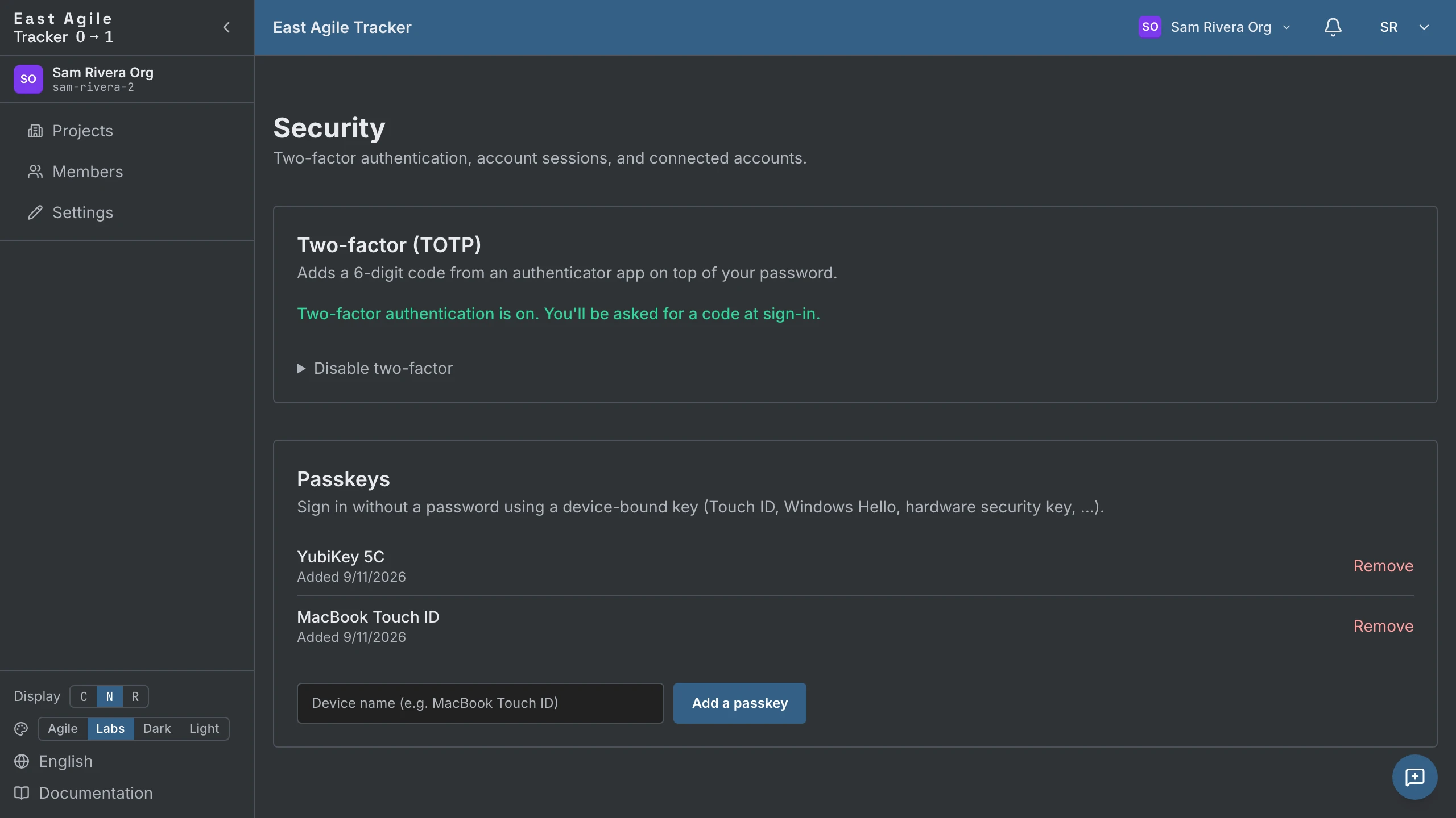 The Security page with two-factor authentication on and two named passkeys
