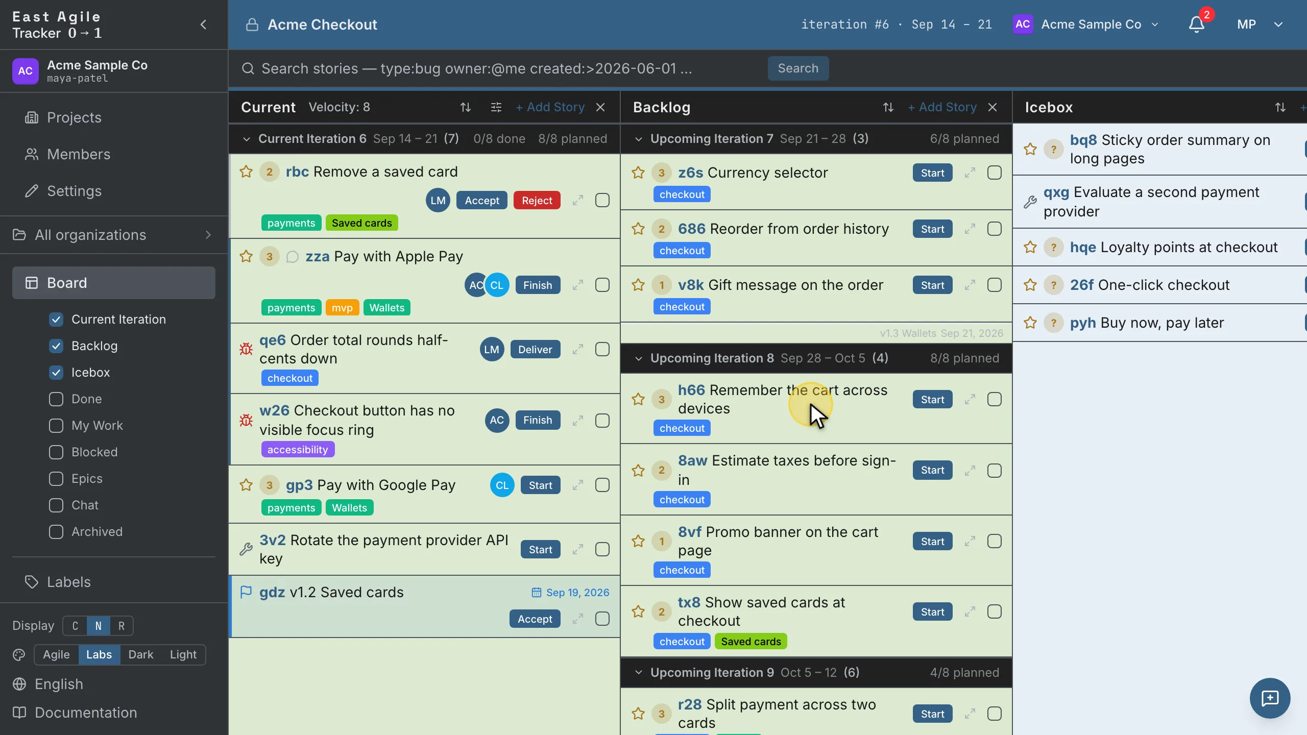 Adding a story from the Backlog: the composer opens, the title and estimate are filled in, and the story is saved
