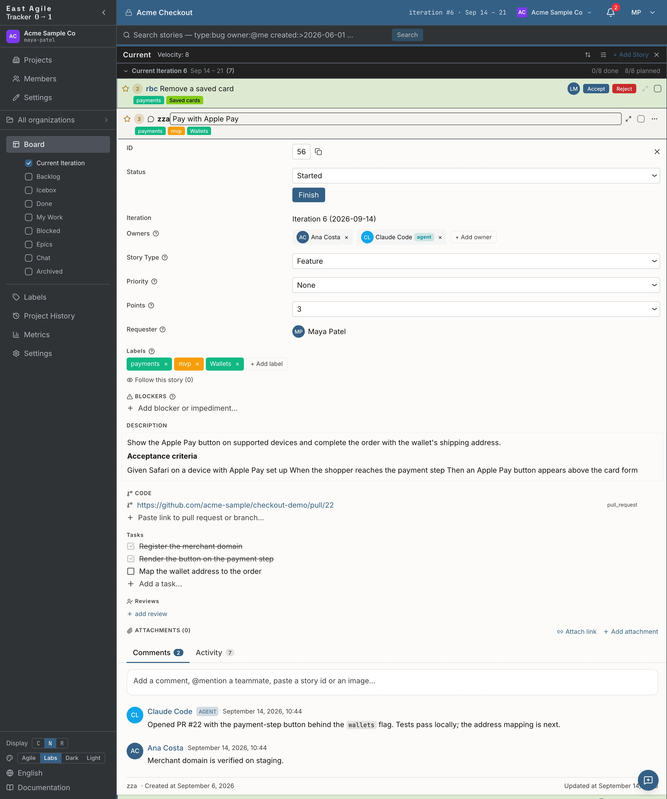 A story expanded inline on the board: the title in its row, then the fields, the work from Blockers to Attachments, and the Comments and Activity tabs