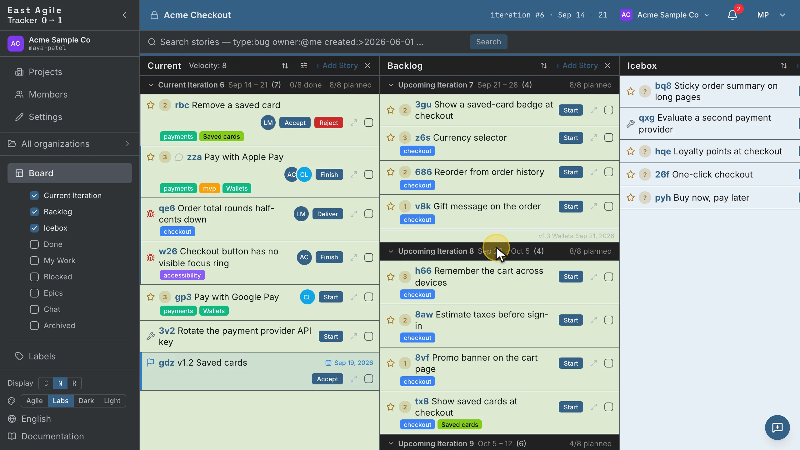 Ticking one Backlog story, Shift-clicking a fourth, and the batch bar appearing for the four selected