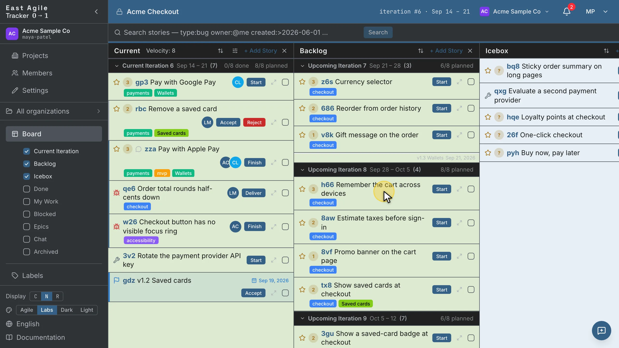 Switching themes from the sidebar footer: Agile, Dark and Light, then back to Labs